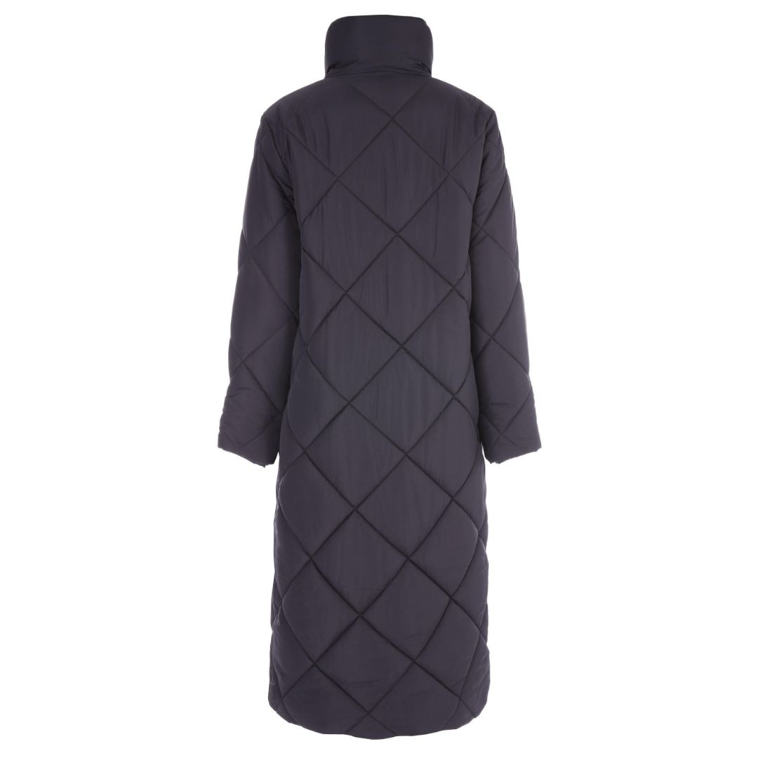 Black quilted puffer coat with a high collar.