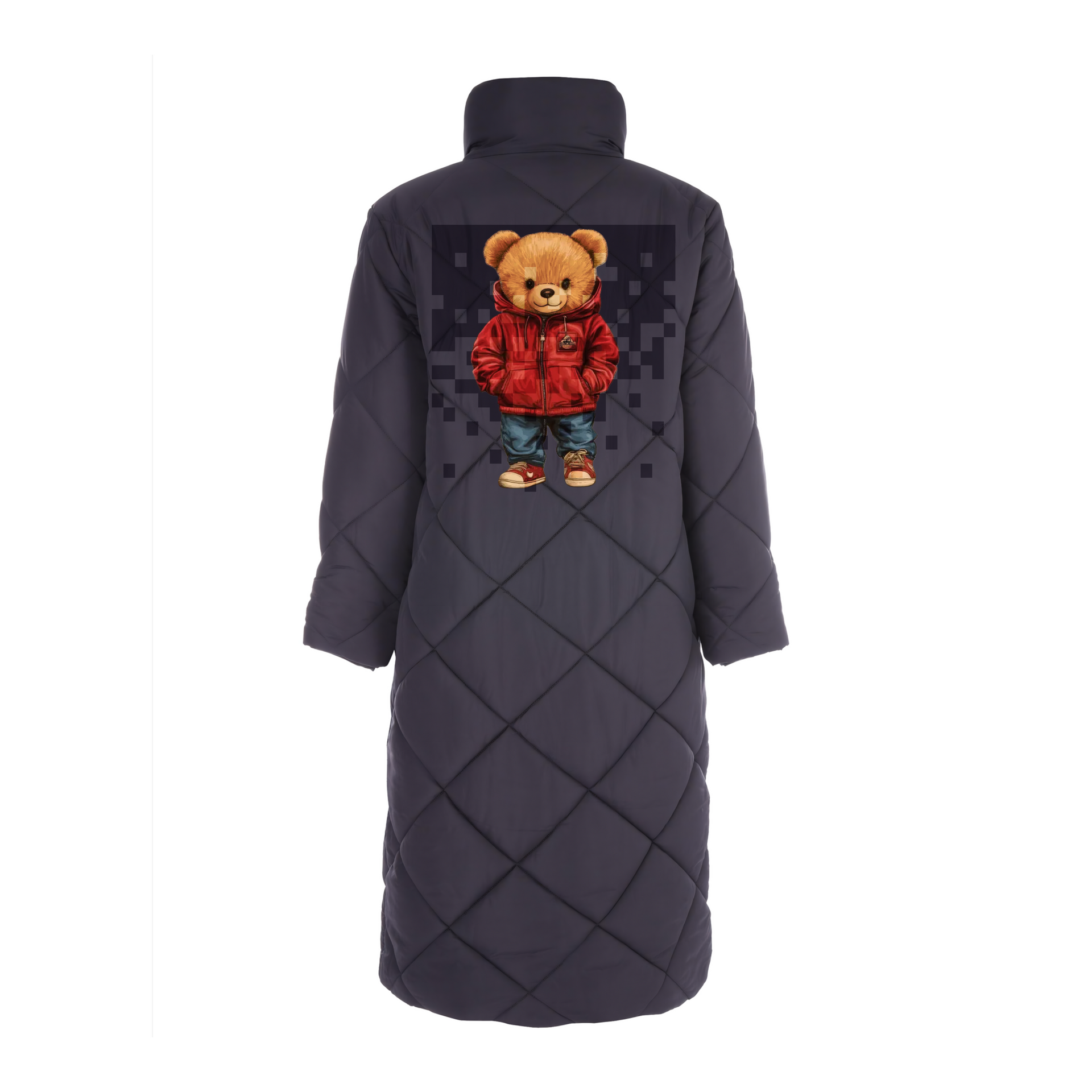 Navy quilted coat with brown fur trim.