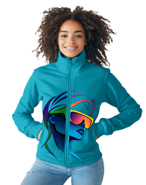 Woman wearing a teal jacket with a colorful futuristic graphic, smiling.