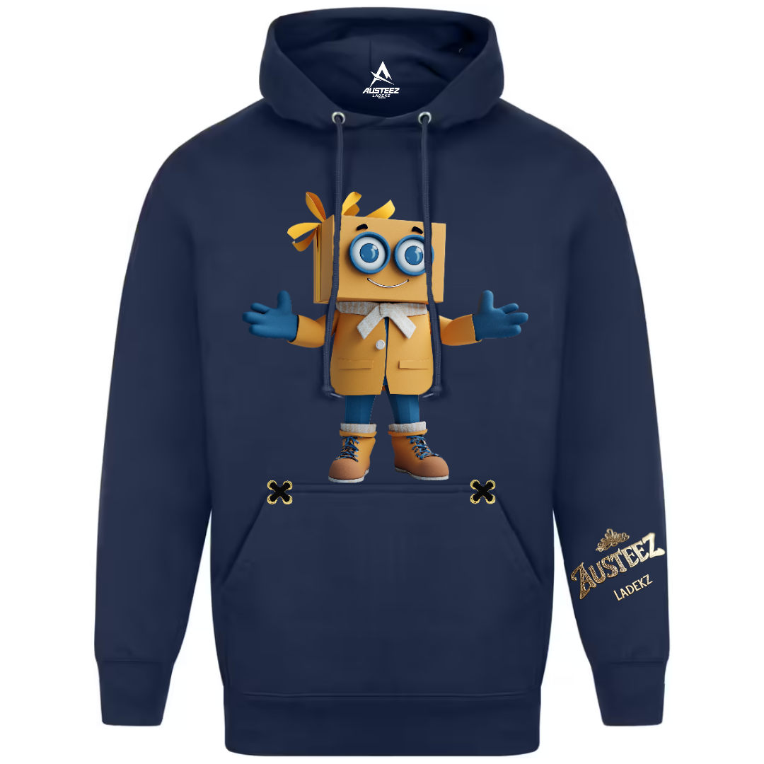 Navy blue hoodie featuring a cartoon character with open arms. The character is a yellow box with blue gloves and boots.
