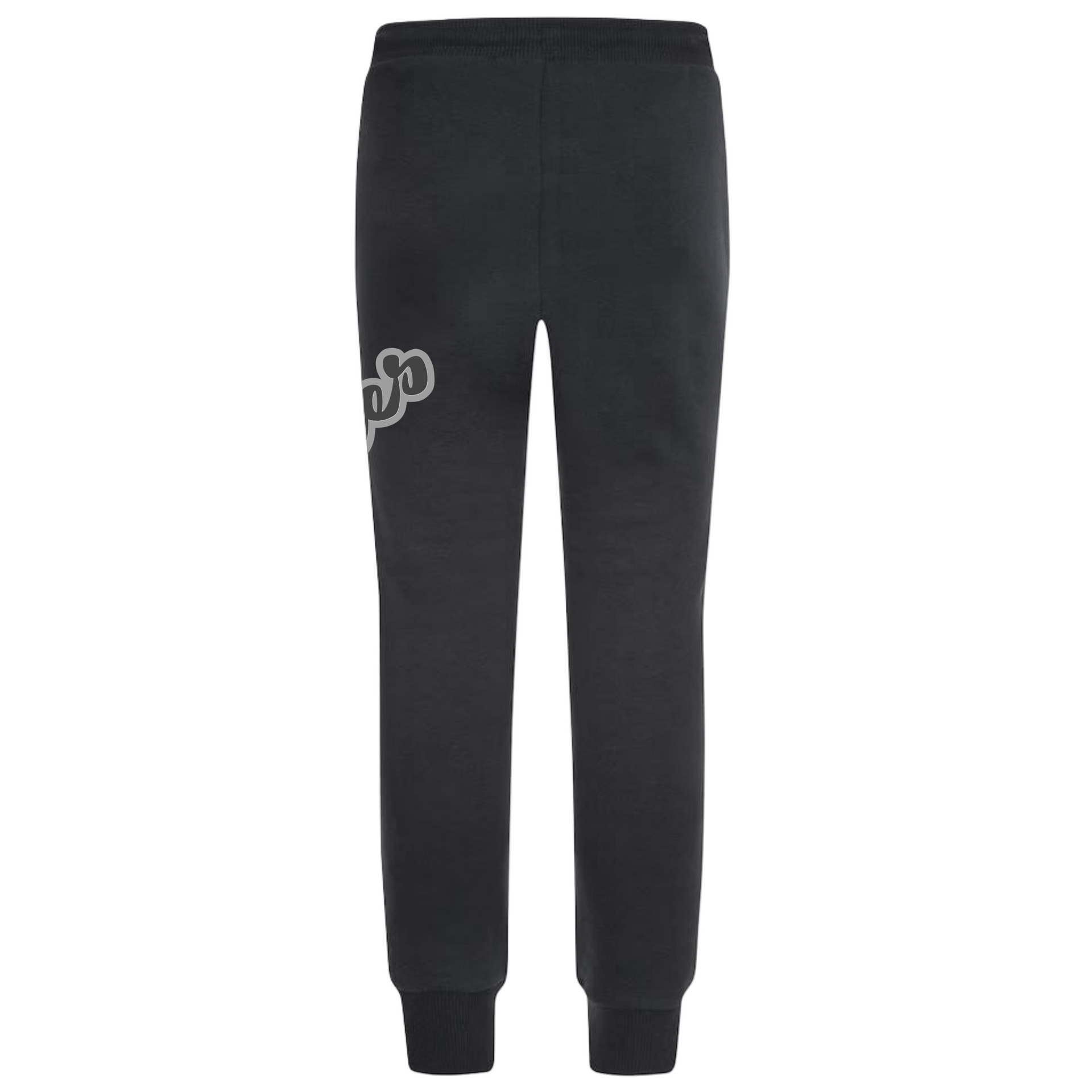 Dark blue sweatpants with the word 