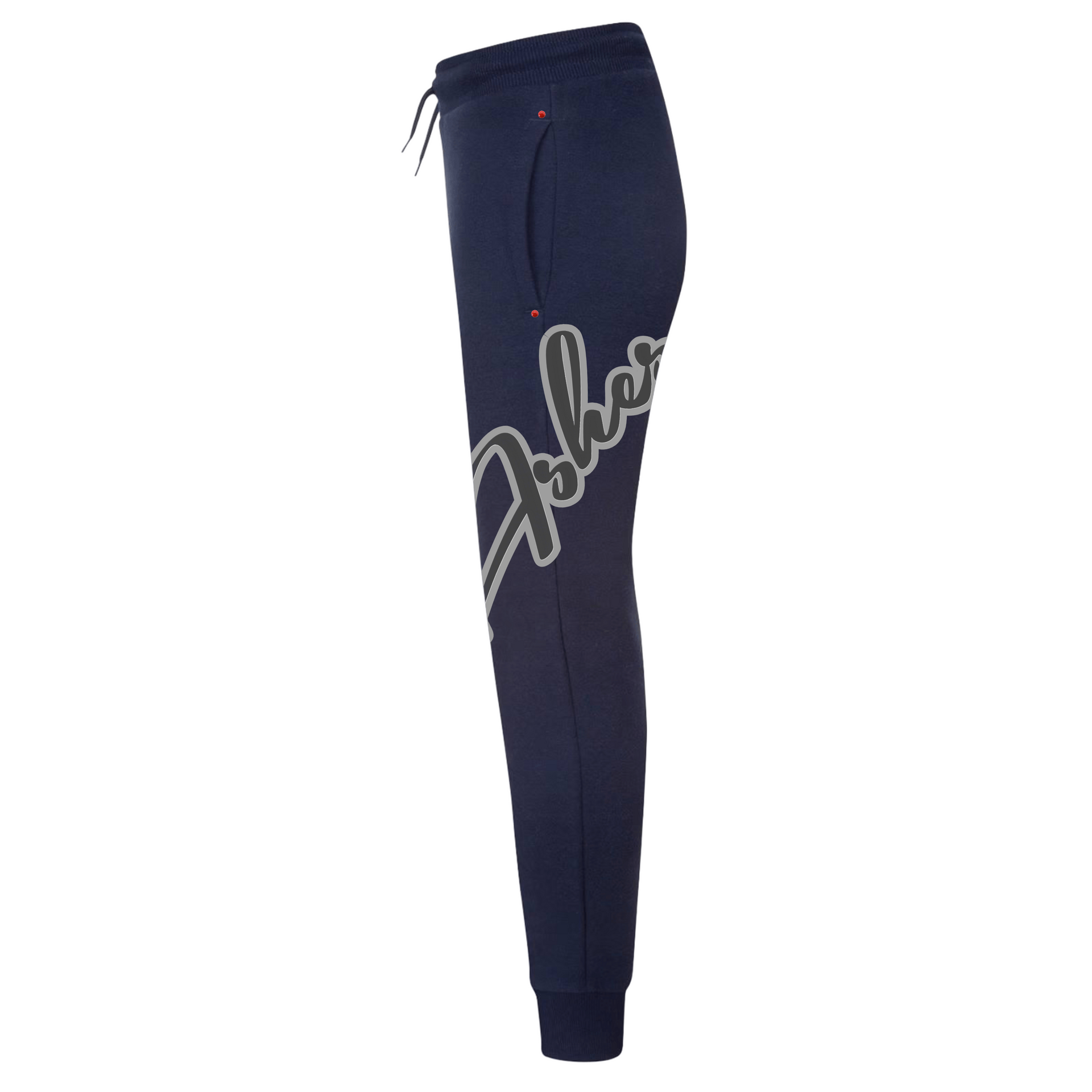 Navy sweatpants with white and gray script on the leg, a drawstring, and cuffed ankles.