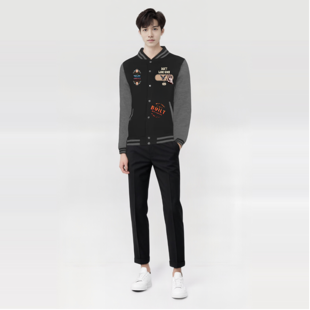 Black varsity jacket with a graphic of an angel and text that reads 