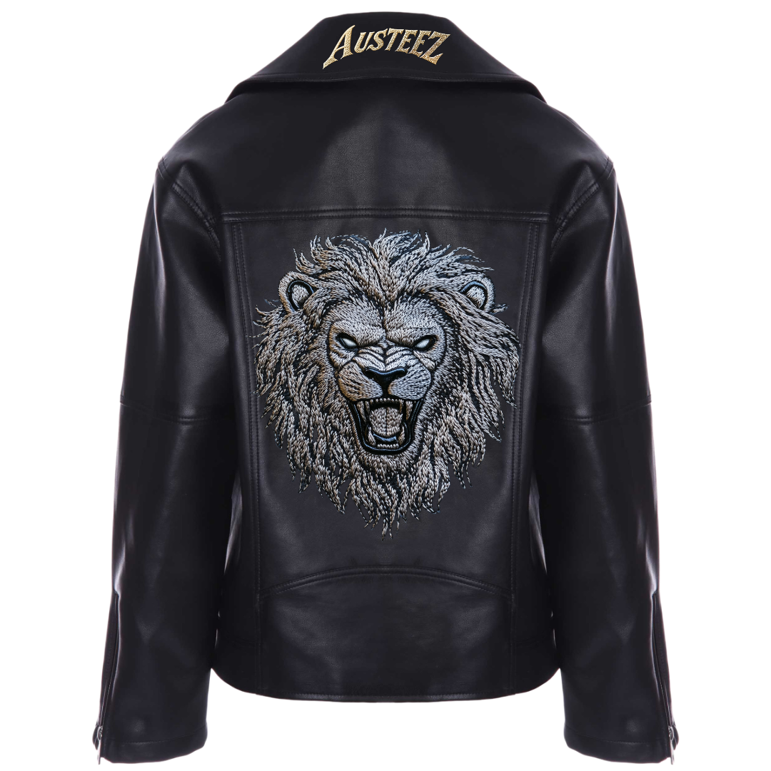 Black leather jacket with roaring lion artwork on the back, and