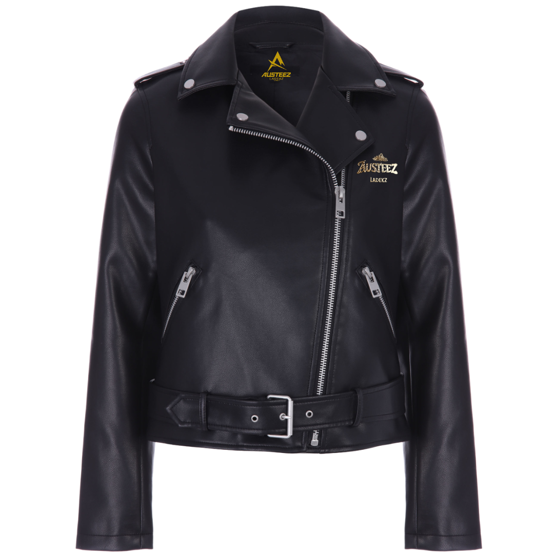 Woman in black leather jacket and pants, looking at the viewer. White background.