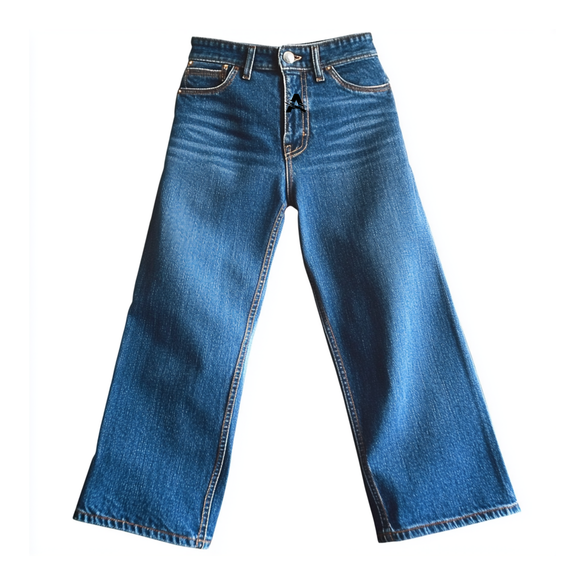 Blue denim jeans with a dragon and two logos on the back pockets.