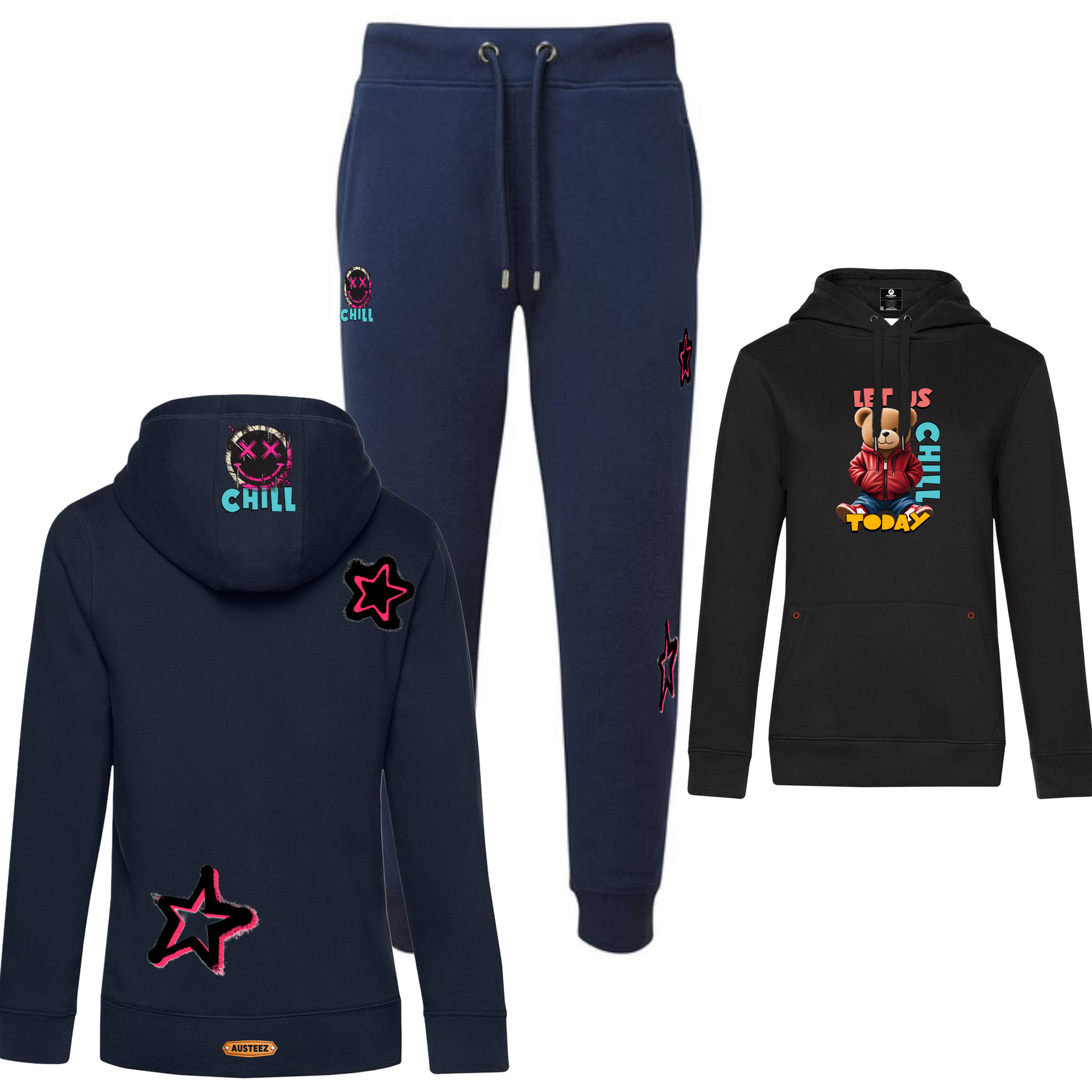 Navy tracksuit set with star accents, and black hoodie with graphic.