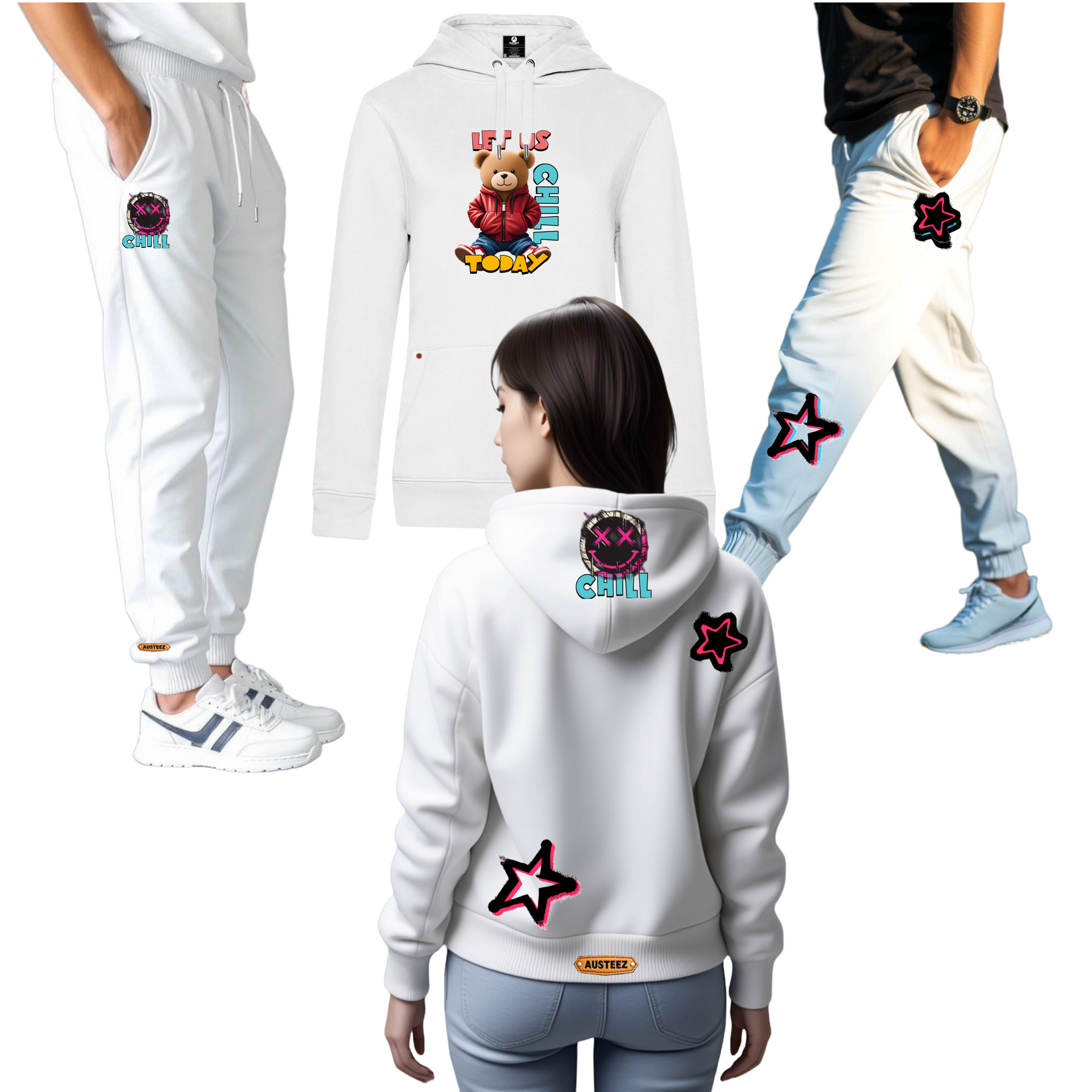 White sweatsuit with star patches and a hoodie with a bear graphic; people in clothing.
