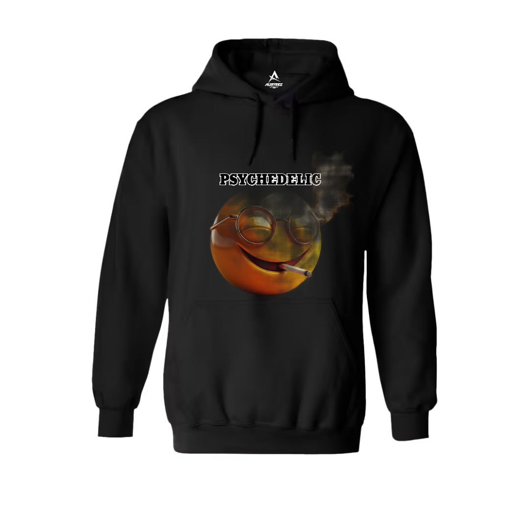 Teal hoodie with a colorful psychedelic design on the back.