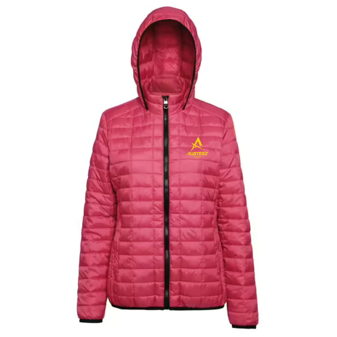 Red puffer jacket with a teddy bear graphic and 