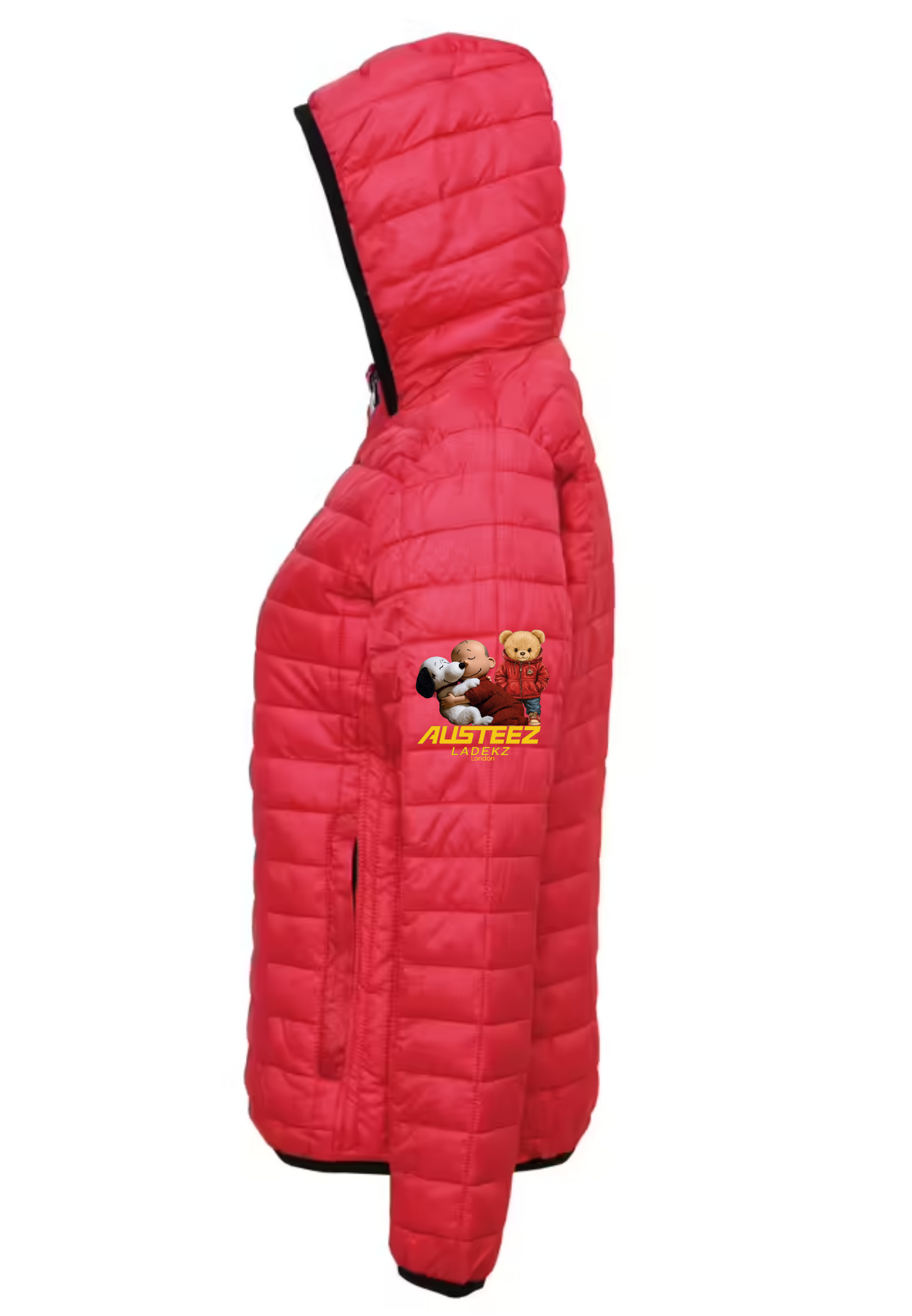 Red puffer jacket with hood, featuring an 