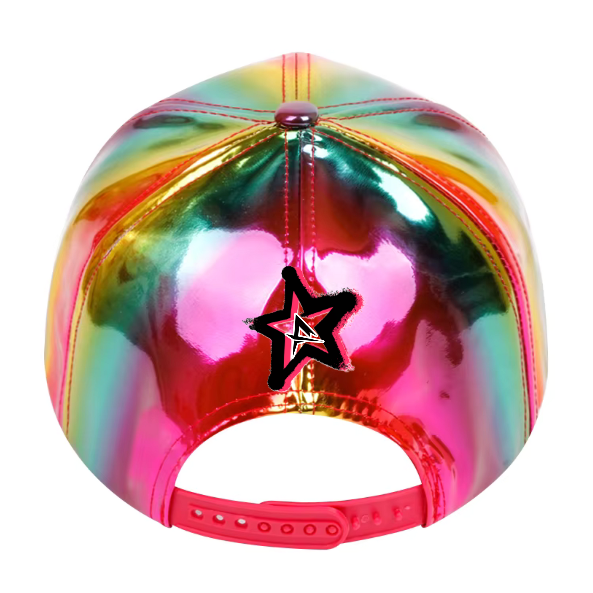 Black, glossy baseball cap with graffiti-style 