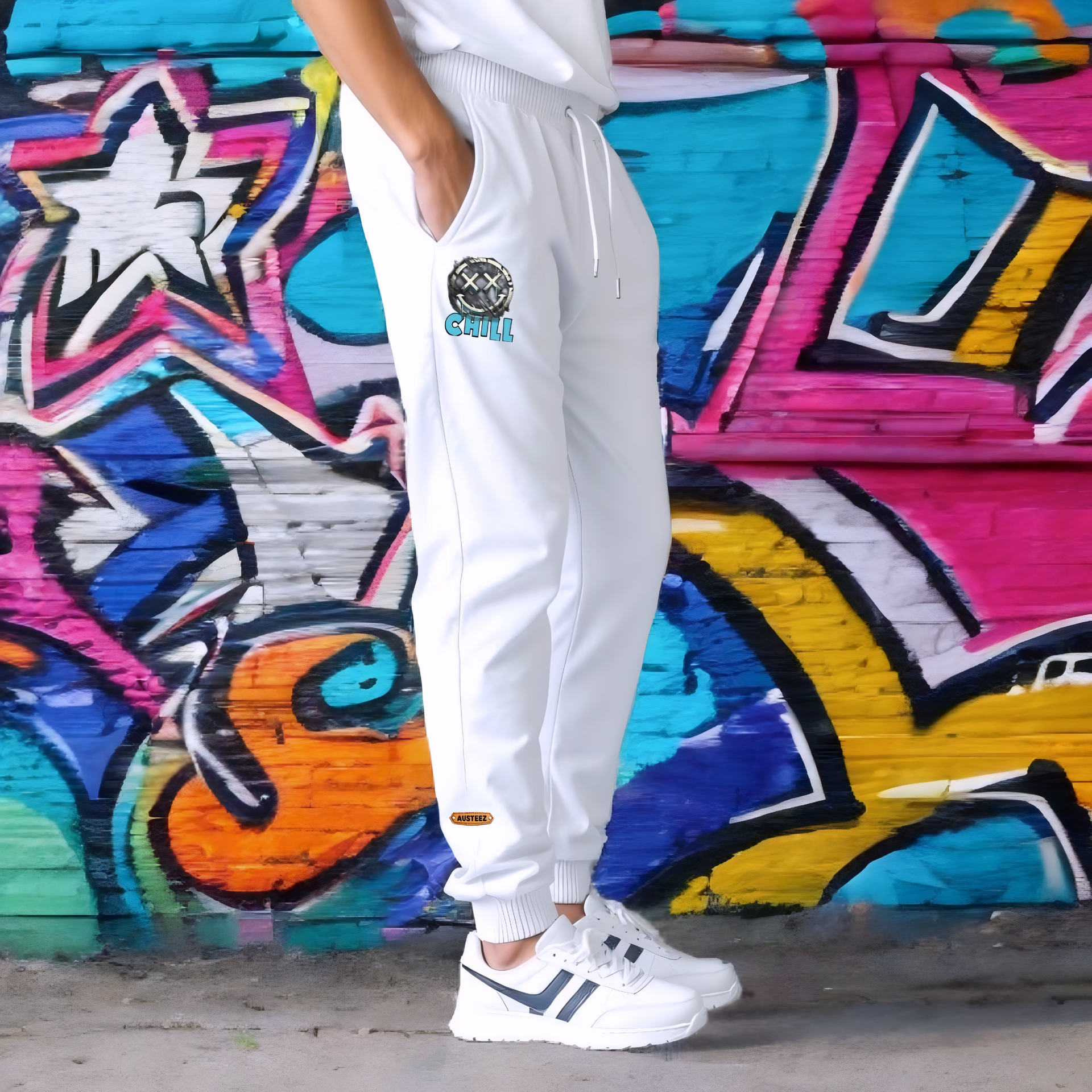 White sweatsuit set with star designs. Man in hoodie and pants. Blue and black accents.