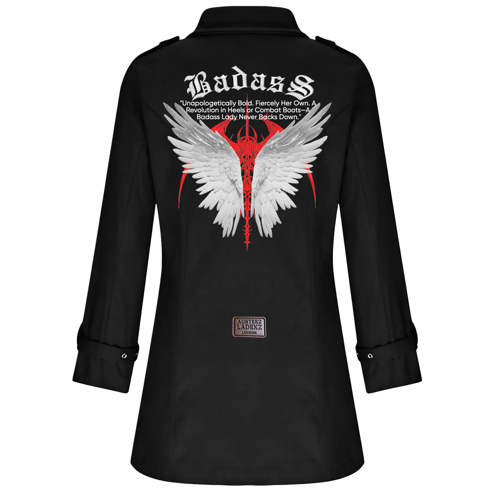 Black double-breasted trench coat with silver buttons, buckles, and a collared neckline.