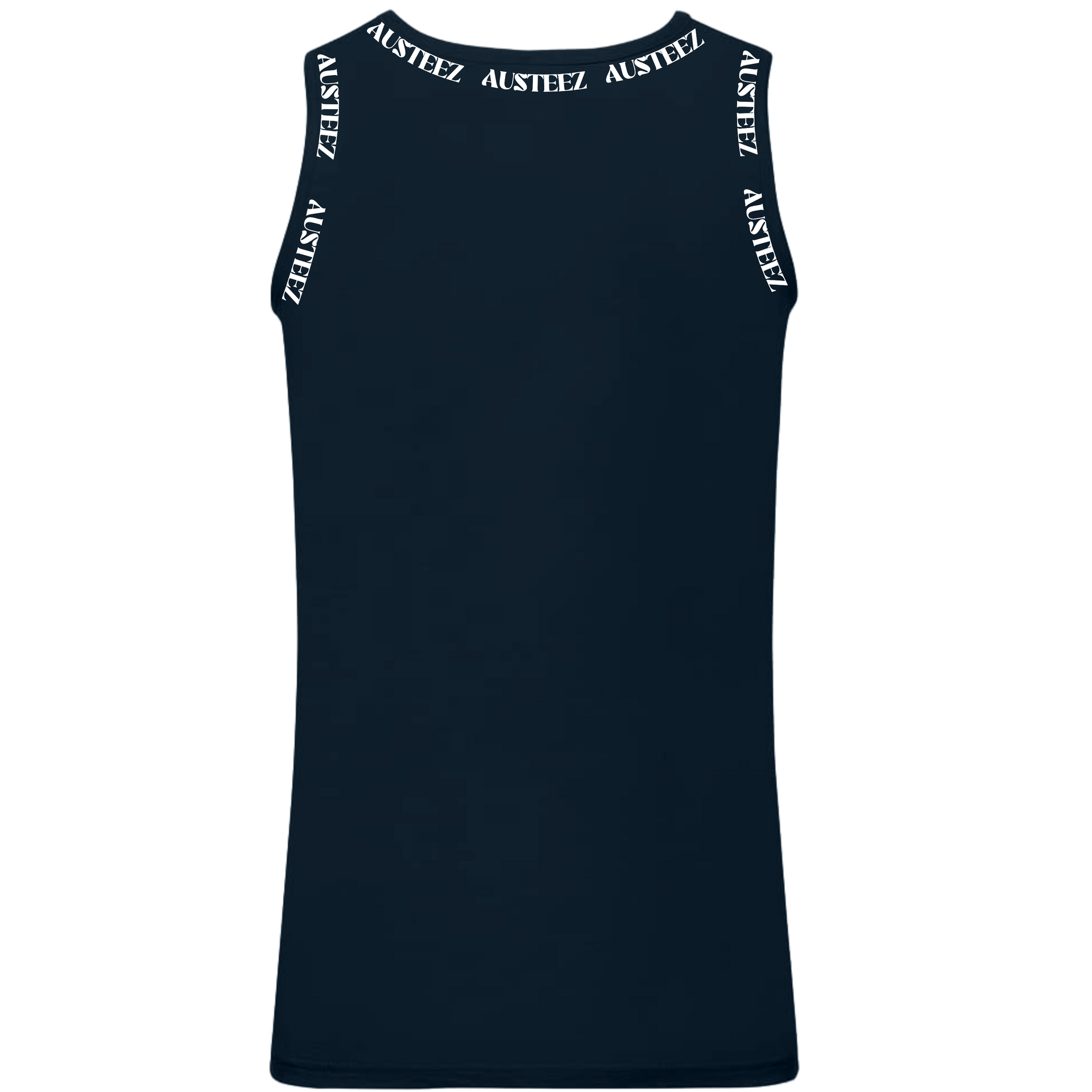 Navy blue tank top with white lettering, possibly for athletic wear.