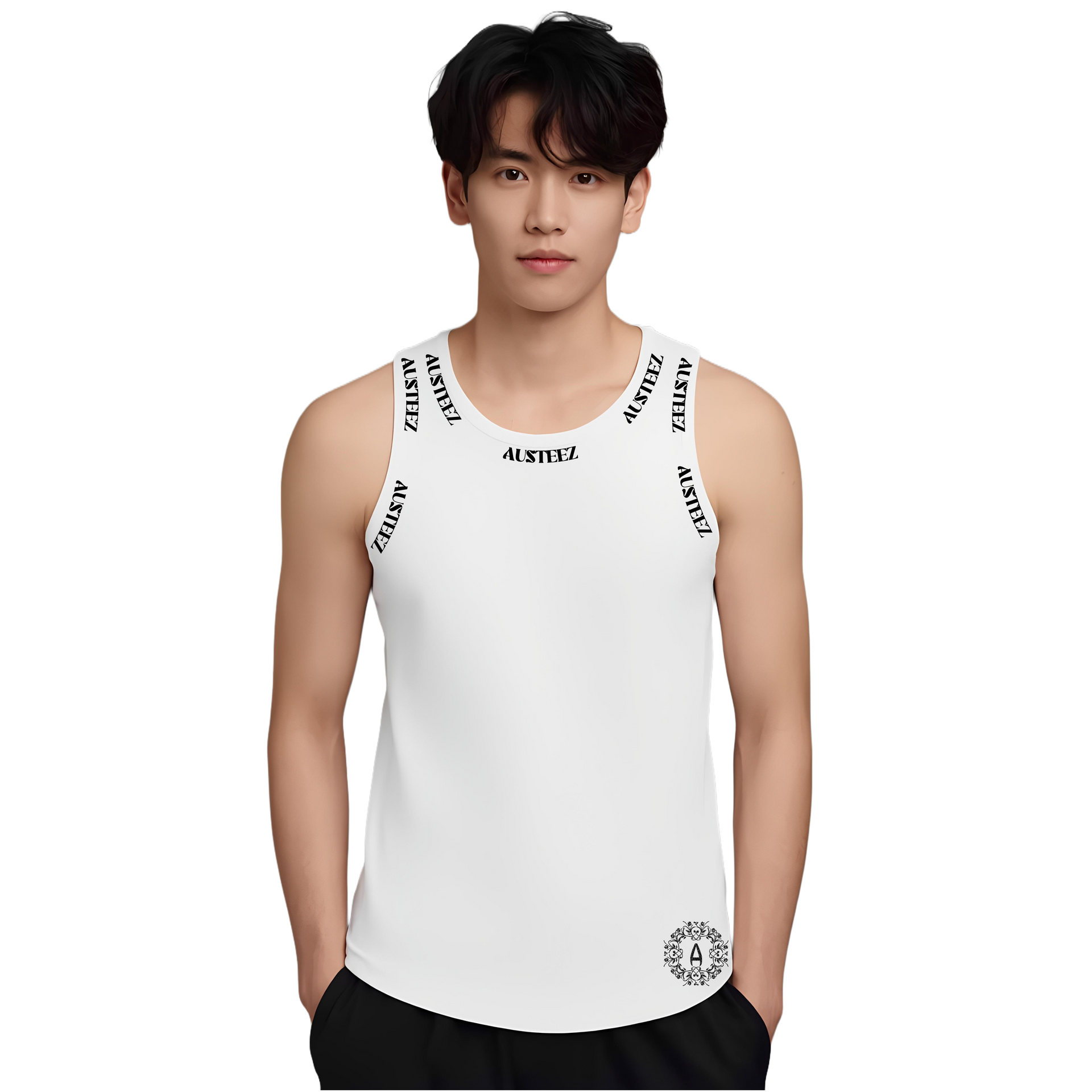 White tank top with black text 