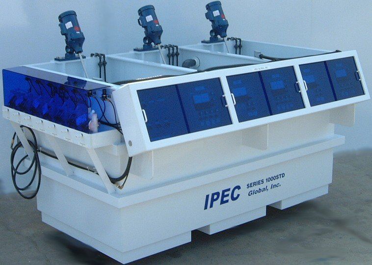 A large white ipec container with blue lights on it