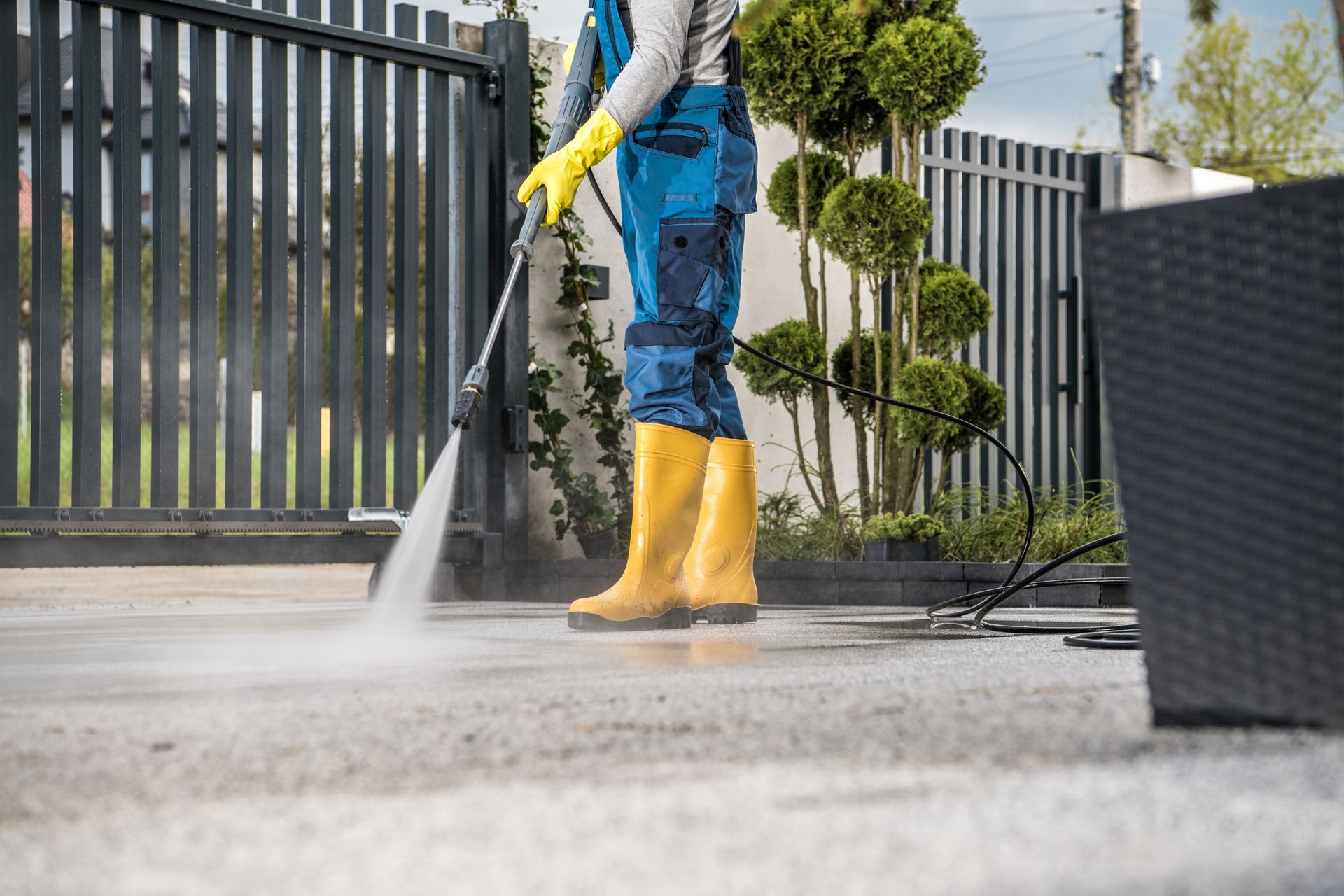 Man in Yellow Rain Boots and Work Uniform Pressure Washing Concrete Tiles of the Driveway to His House Behind the Closed Yard Entrance Gate