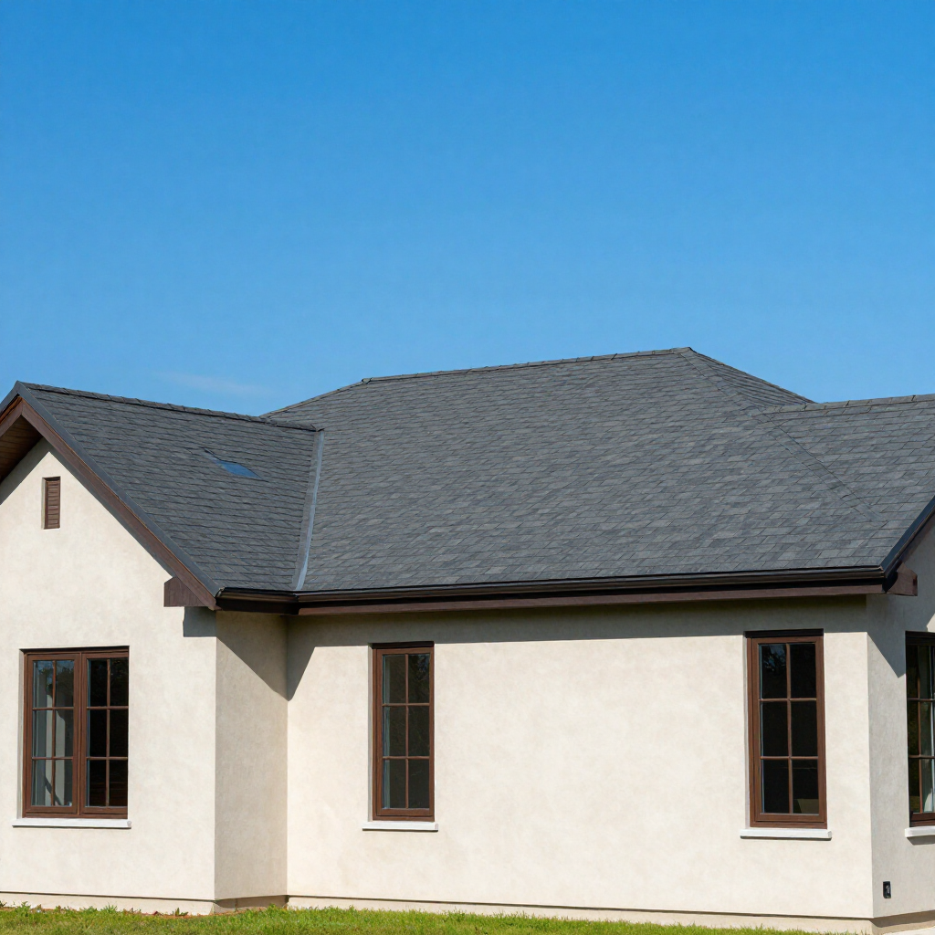 Single-story beige house with a dark gray roof and several windows under a blue sky