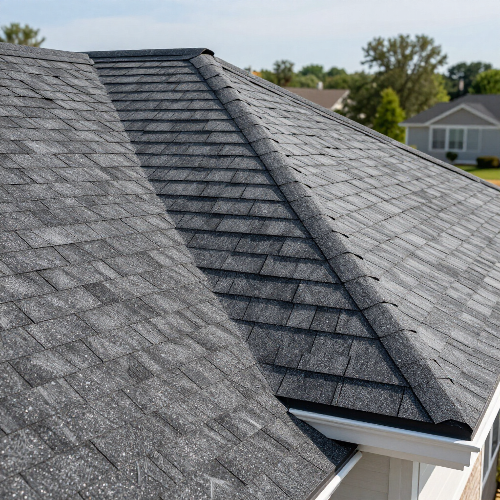 Gray shingled roof with a central ridge vent and a skylight on a suburban house