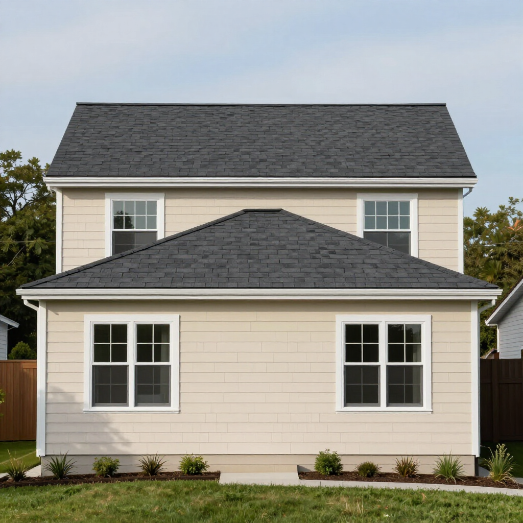 Two-story beige house with gray shingle roof and white-trim windows, front view