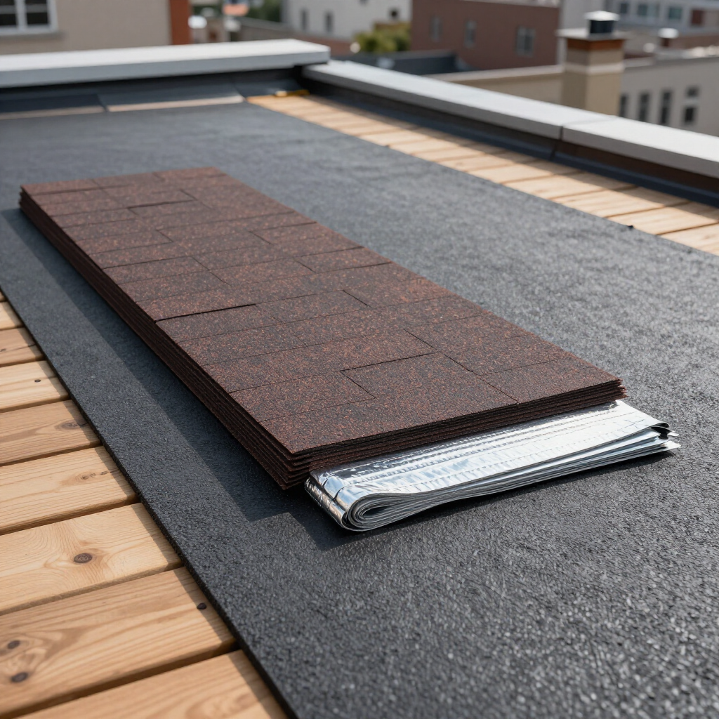 Roofing materials stacked on a flat rooftop, with brown shingles and a rolled underlayment layer.