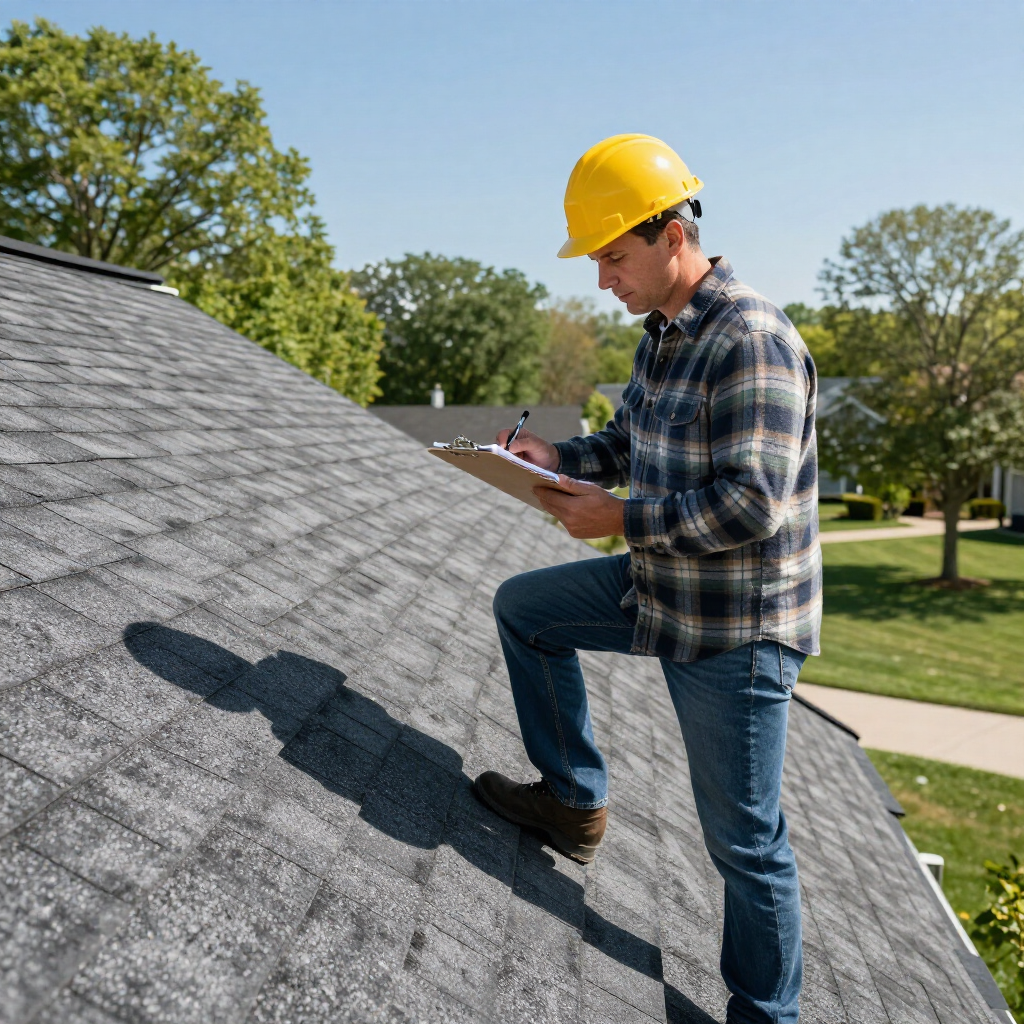 Worker in a yellow hard hat inspecting a shingled roof with a clipboard.