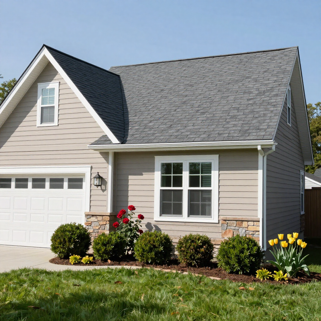 Suburban house with gray siding, white garage, and a front lawn with flowers and shrubs
