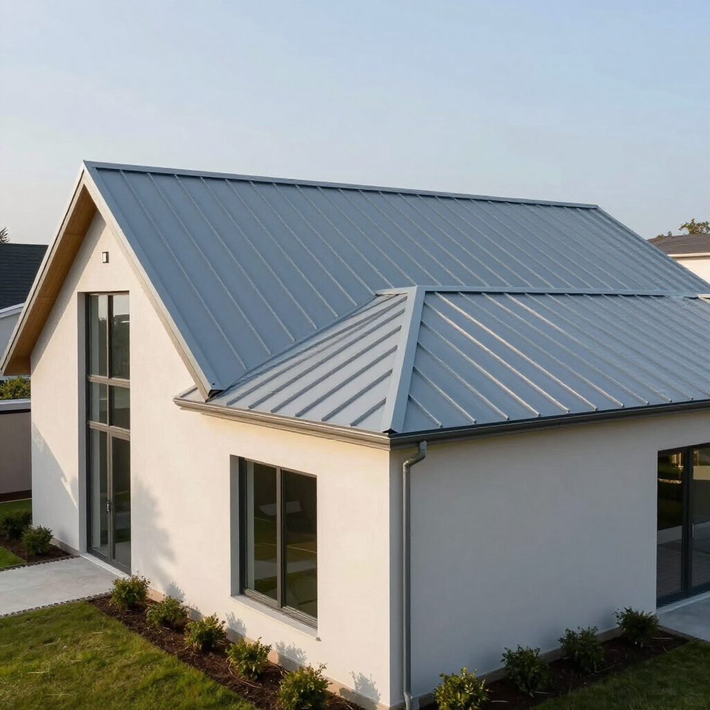 Modern white house with a gray metal roof and large windows