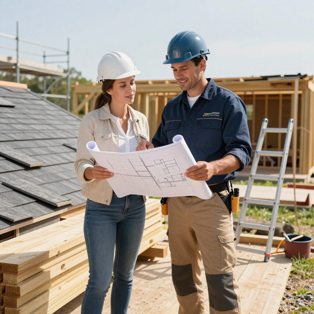 Two construction workers in hard hats review blueprints at a house under construction.
