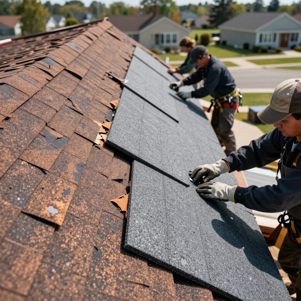 Workers installing dark gray roofing shingles on a house roof in a suburban neighborhood.