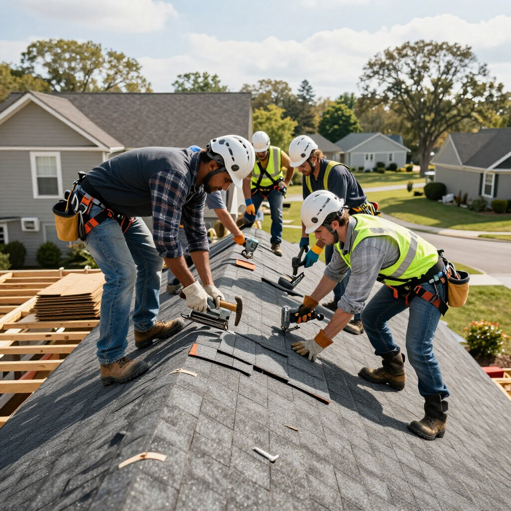Roofing crew installing shingles on a house roof in a suburban neighborhood