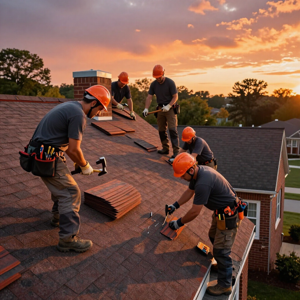 Roofers installing shingles on a house roof at sunset, with tools and materials spread across the slope.