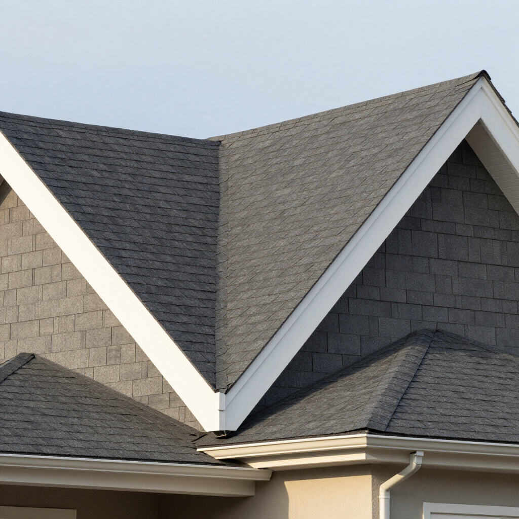 Gray shingled roof with two steep gables and white trim on a house