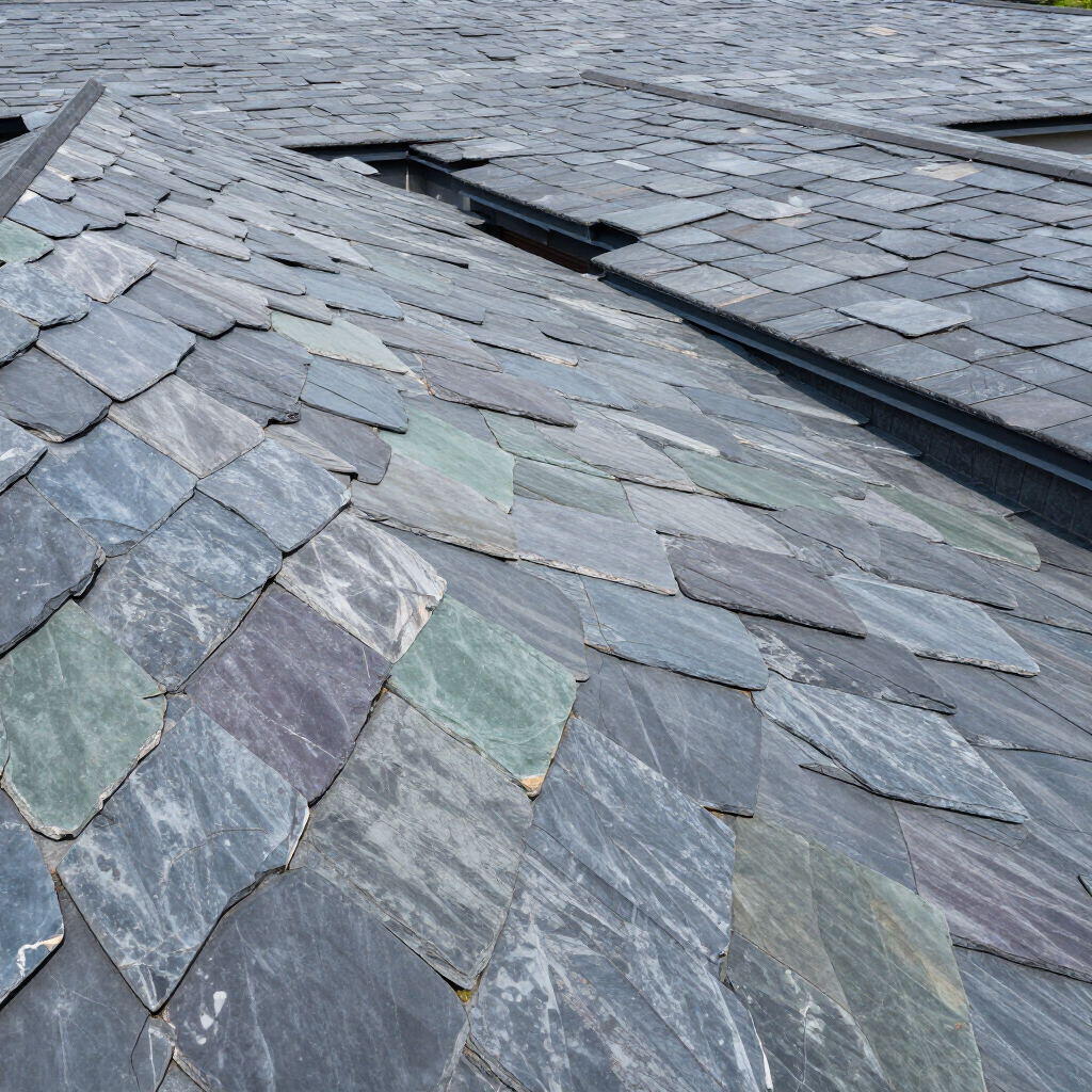 Close-up of weathered gray slate roof tiles with a long dark roof valley.