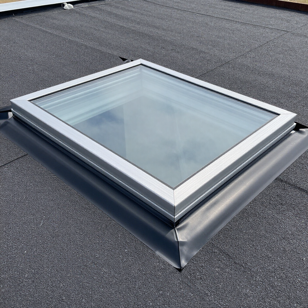 Flat rooftop skylight with a silver frame on dark gray roofing felt