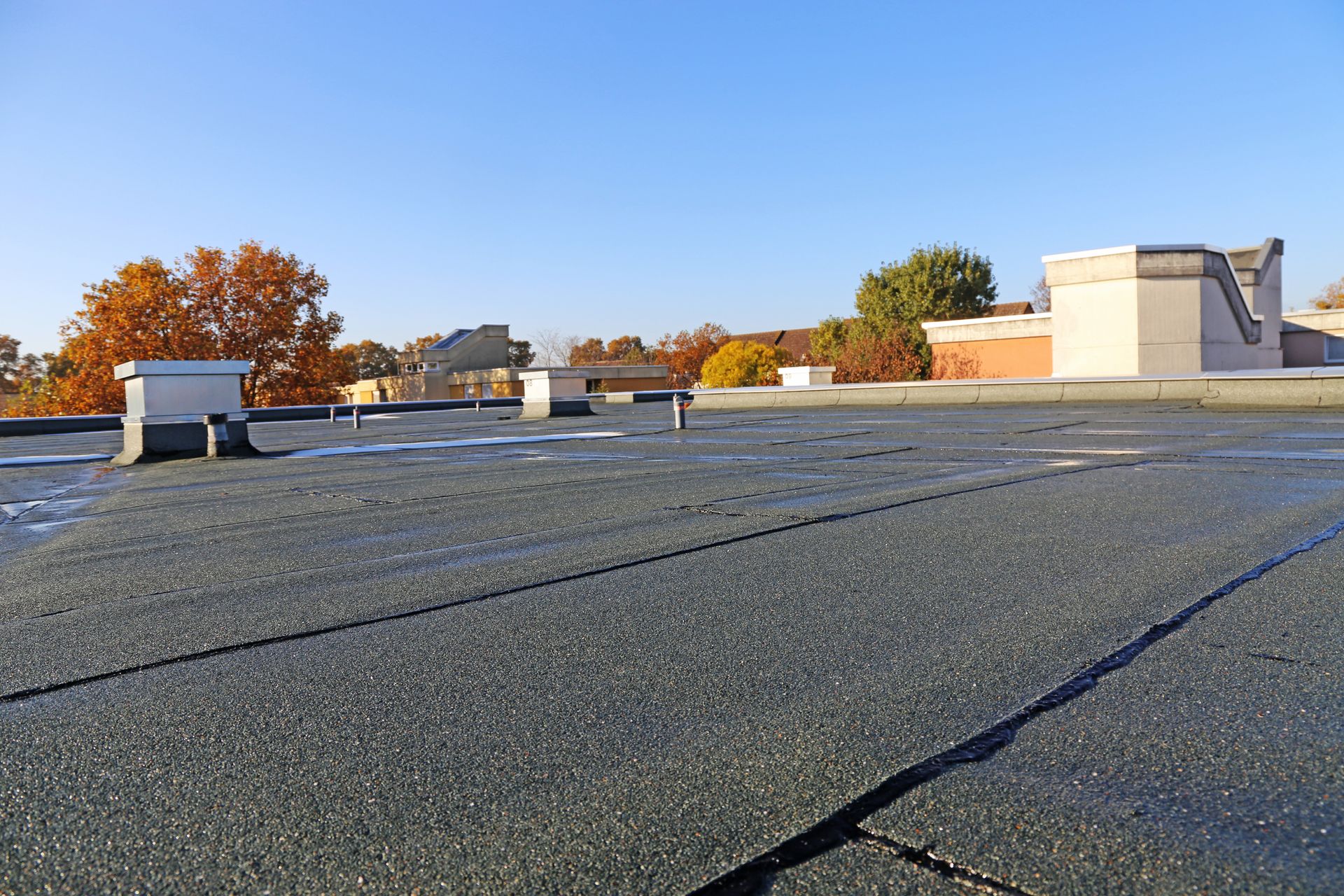 Flat rooftop with vents, gravel surface, and autumn trees under a clear blue sky.