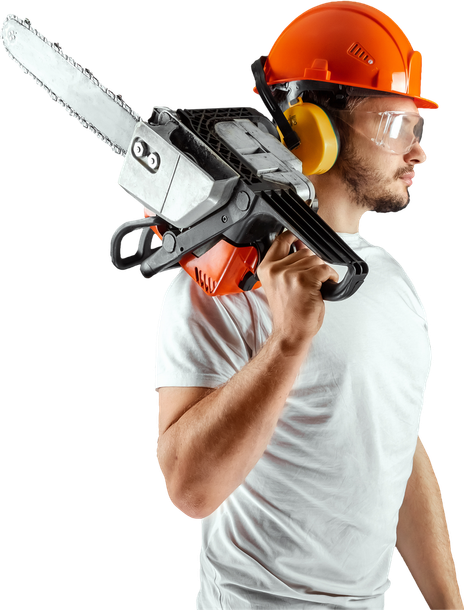 The man is wearing a hard hat and holding a chainsaw.