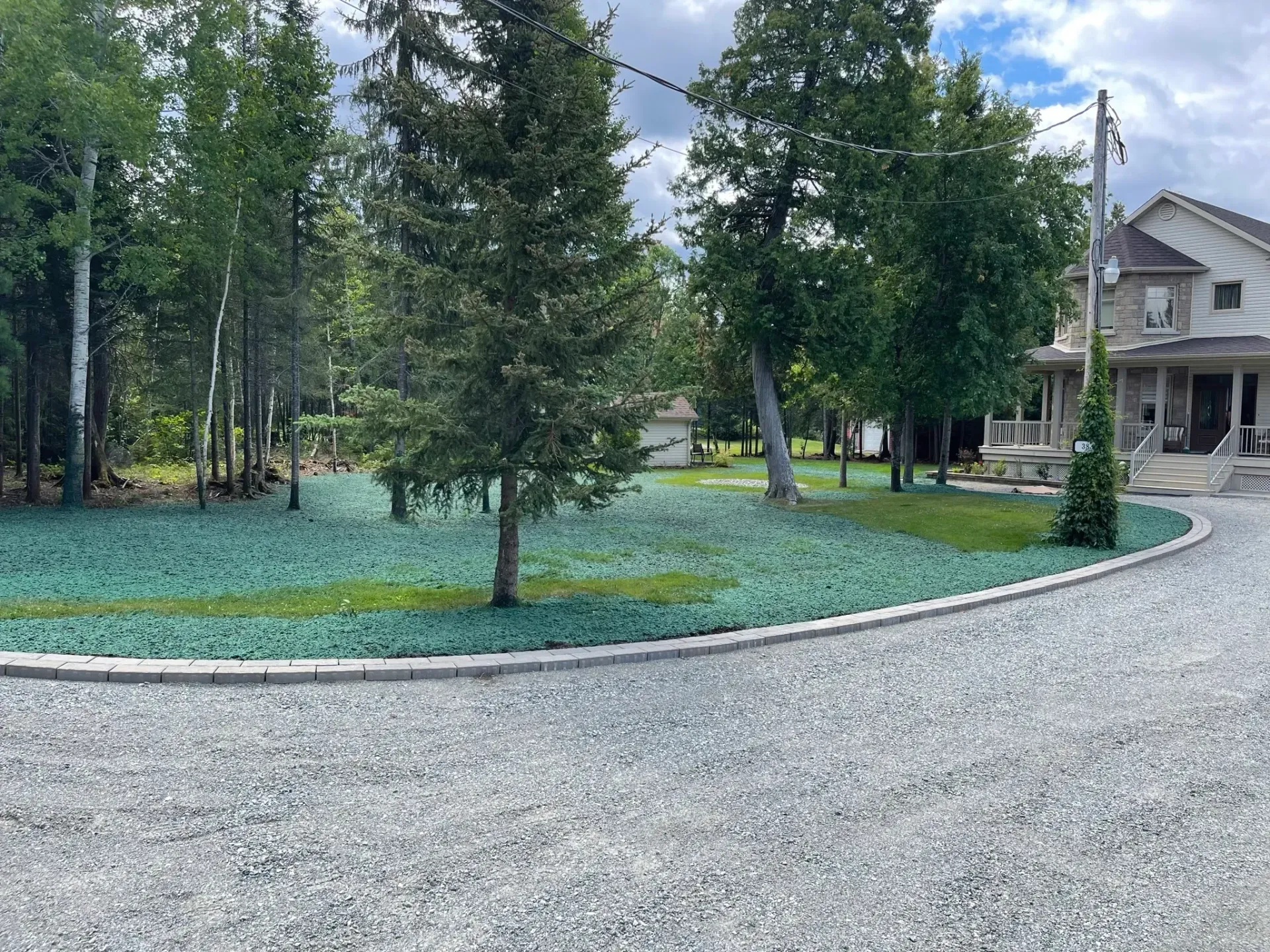 Une allée en gravier menant à une maison entourée d'arbres et d'herbe.