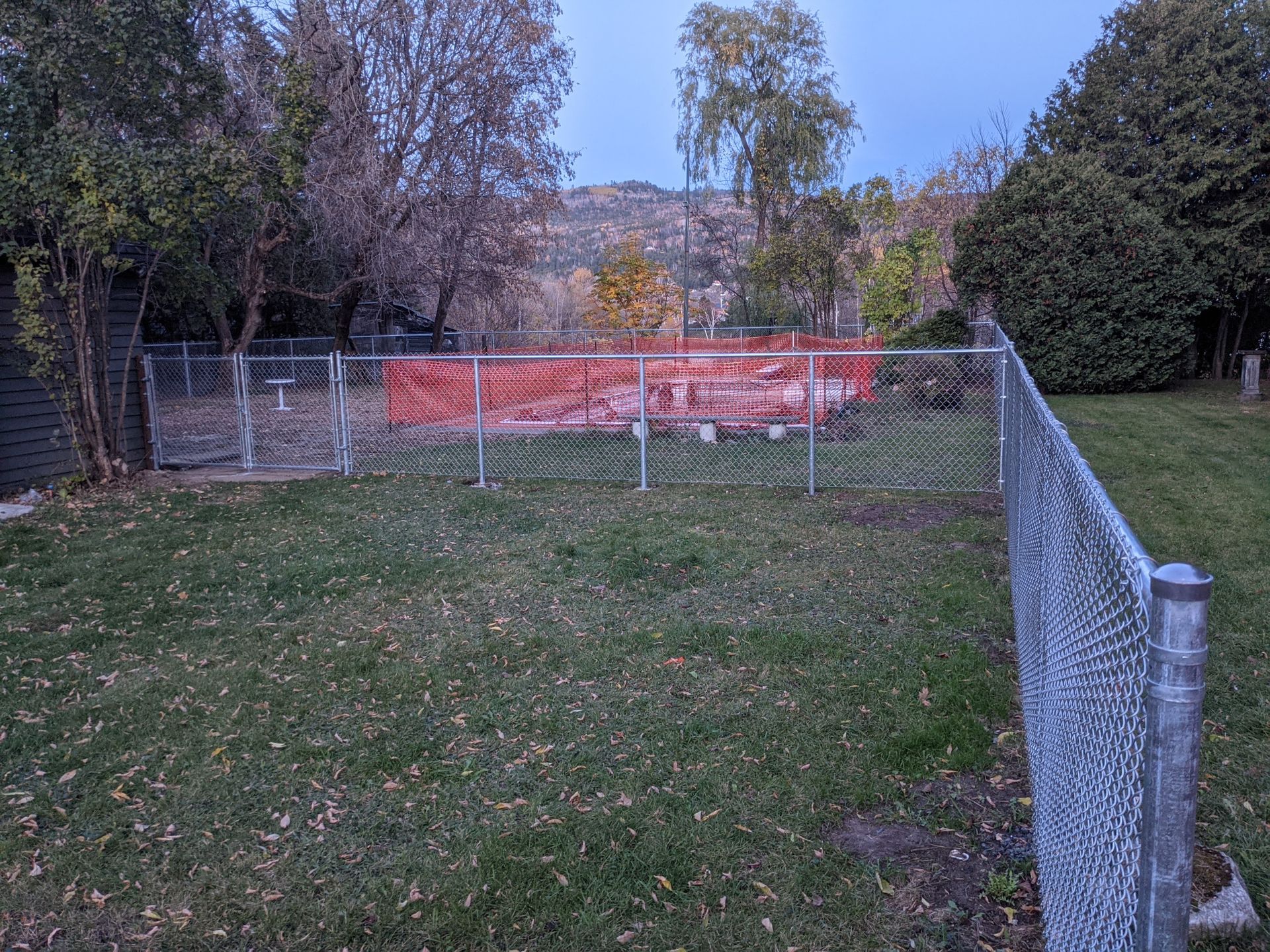 Une cour arrière clôturée avec des arbres d'automne et de l'herbe, sous un ciel nuageux.