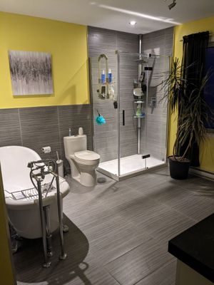 Salle de bain avec murs jaunes, sols/murs carrelés gris, baignoire sur pieds, douche en verre et toilettes.