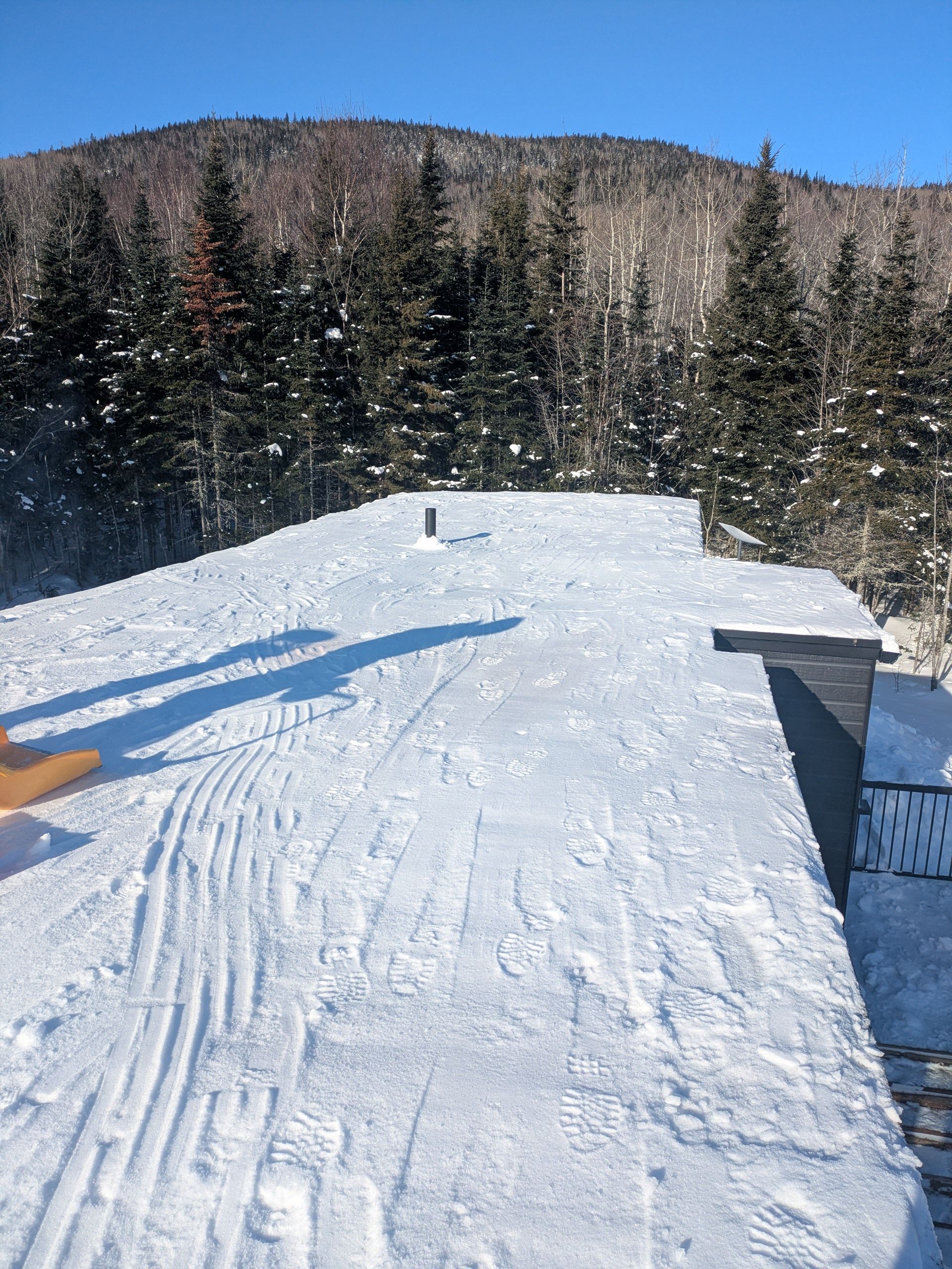 Terrasse enneigée avec vue sur la montagne, arbres et ciel bleu clair.