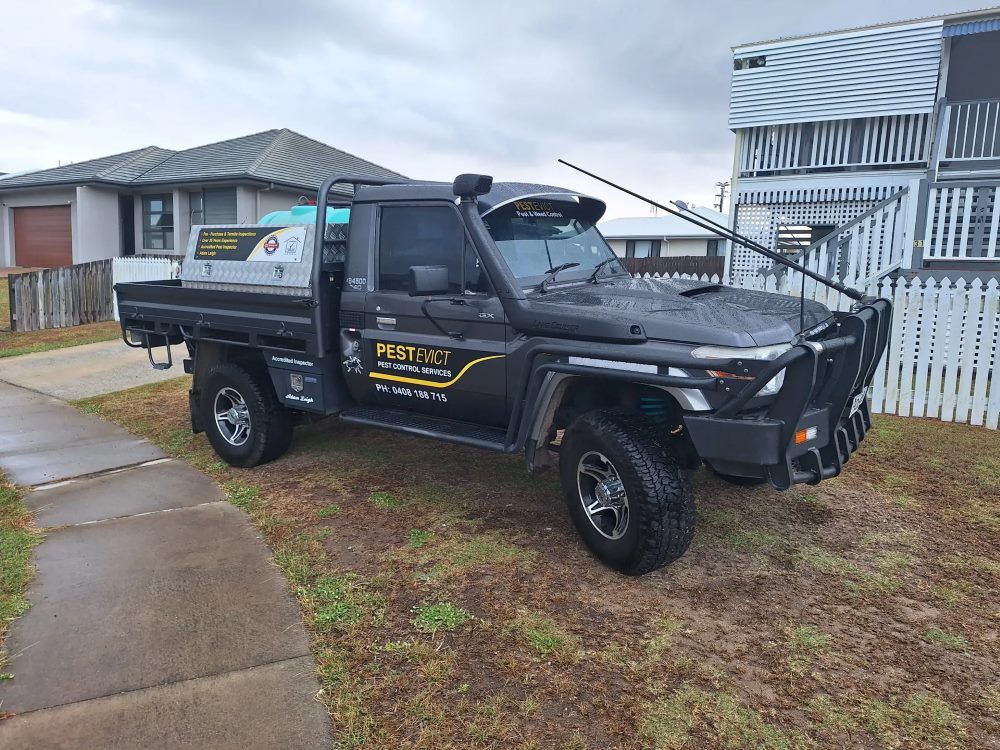 A Black Truck Is Parked In Front Of A House — Pest Evict Pest Control in Ayr, QLD