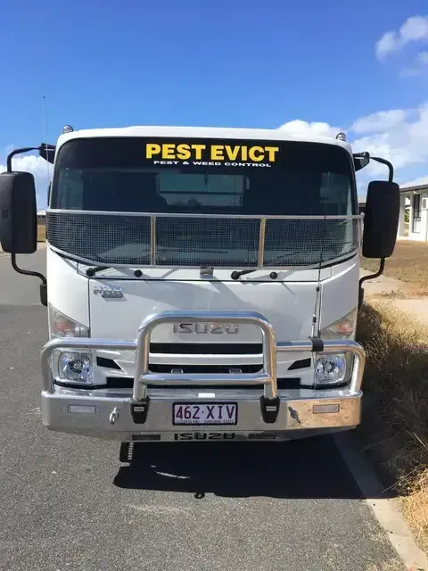 A White Truck With A Yellow Sticker On The Windshield That Says Pest Evict — Pest Evict Pest Control in Ayr, QLD
