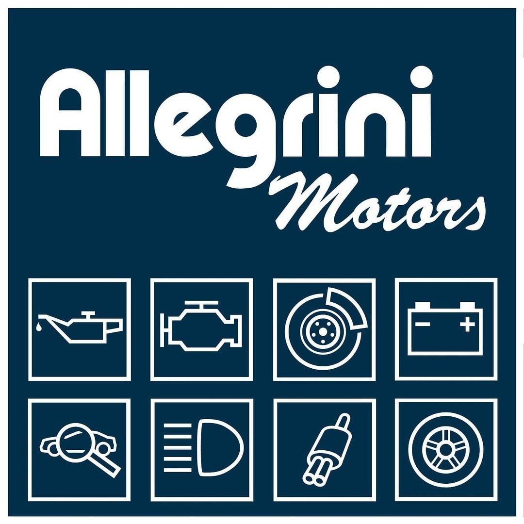 Logo Allegriini Motors con icone di ricambi auto su sfondo blu.