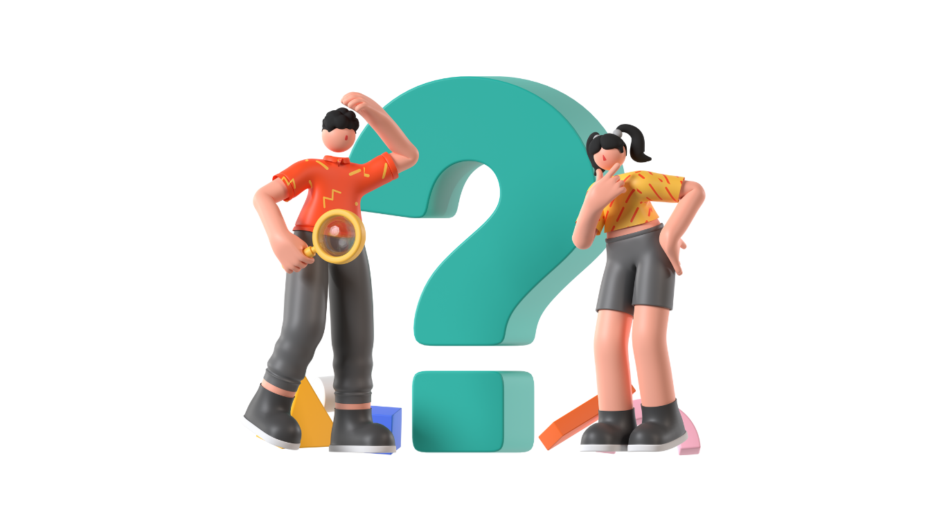 Man with magnifying glass and woman near large turquoise question mark, looking puzzled.