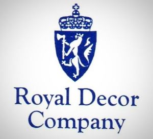 A blue and white logo for royal decor company