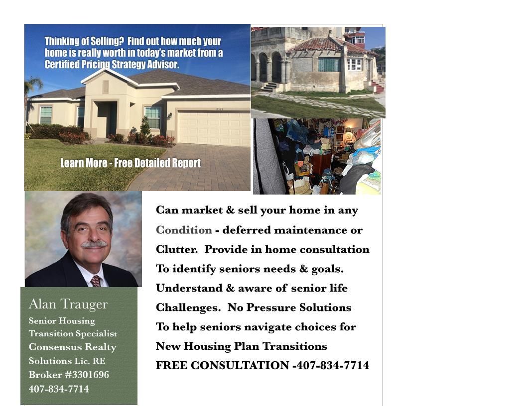 Real estate ad for senior housing transitions. Includes photos of houses, and headshot of a man.