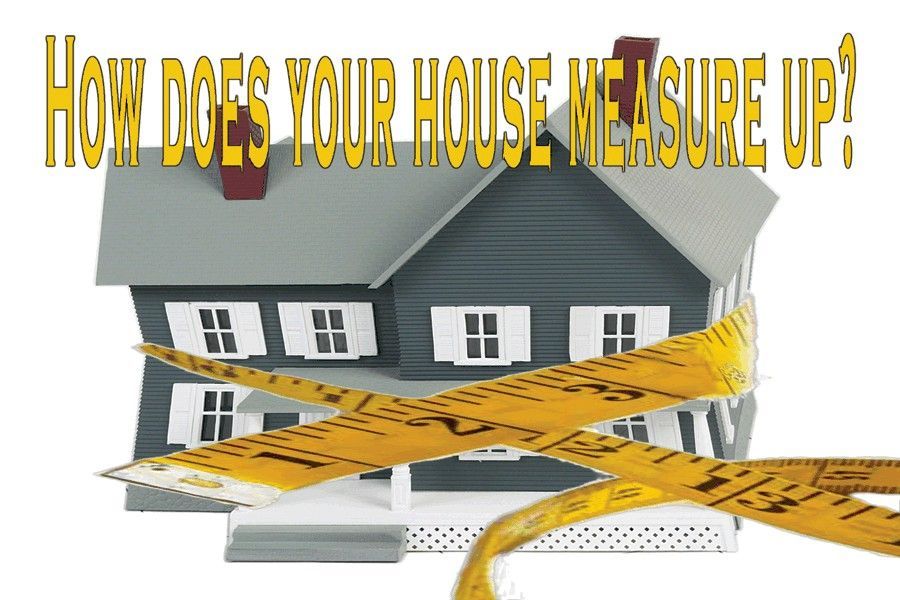 Small blue house wrapped in yellow tape measure, text 