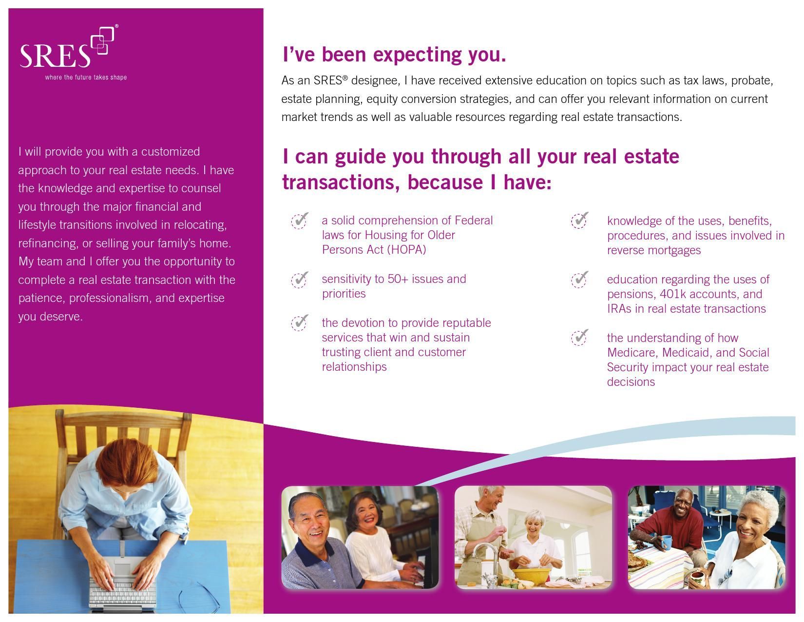 An advertisement with a woman using a laptop, promoting real estate transaction guidance.